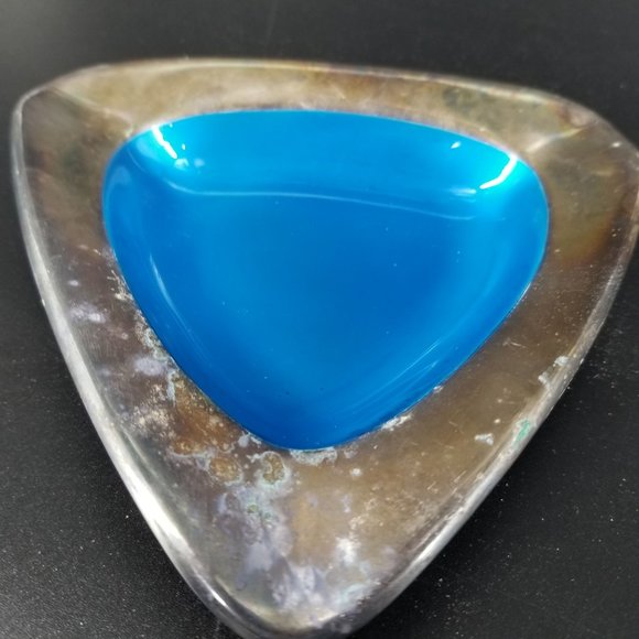 Reed Barton Ashtray Trinket Dish Blue Enamel Silver Plate Triangle Patina 5.50" - Picture 4 of 9